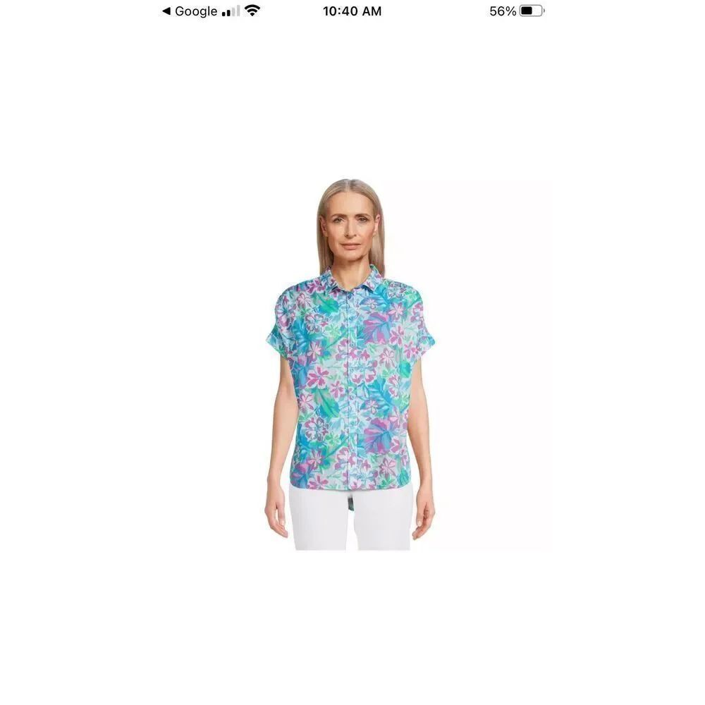 Time & Tru Women's Tropical Linen Blend Rolled Cuff Button Up Shirt SZ S